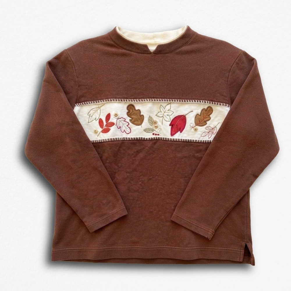 Bobbi Brooks Brown Embroidered Fall Leaf Sweatshirt Vintage Style Womens Medium